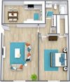 Three dimensional image of a one bedroom one bathroom floor plan